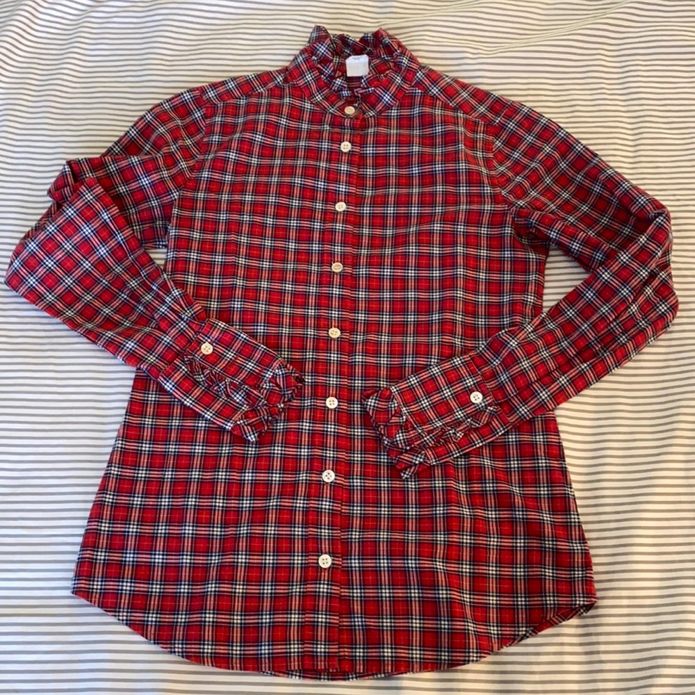 J. Crew Plaid Ruffle Button down